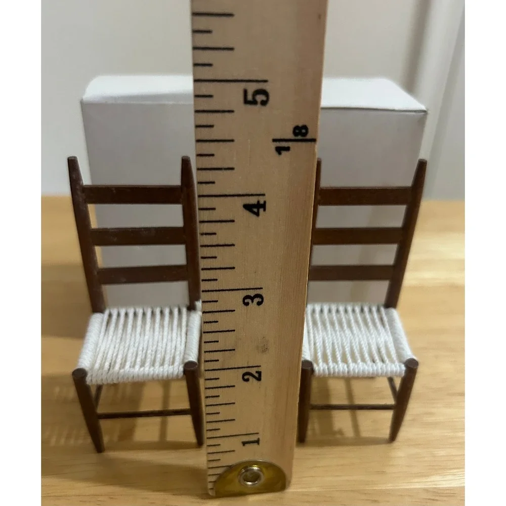 VTG Miniature Straight Chair Set 2pc Brown White Woven Seat Dollhouse 1817